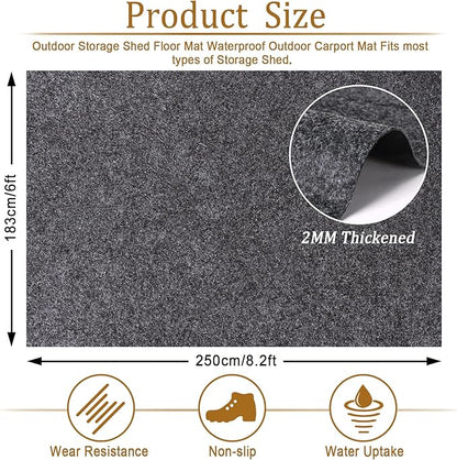 8.2 X 6 Ft Storage Shed Floor Mat—Waterproof PE Backing, 500g/㎡ Thick, Washable, Dustproof, and Anti-Slip Pad for Patio, Motorcycle, and Carport to Protect Flooring from Wear