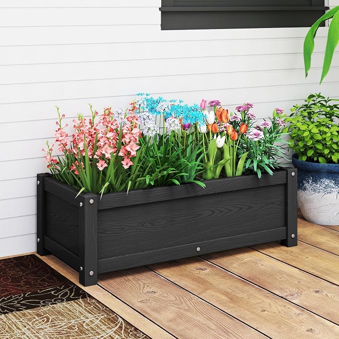 HDPE Raised Planter Box Outdoor,Rot-Resistant and Non-Cracking,Small Raised Beds for Gardening 29.5 * 14.4 * 9.8 in for Yard,Lawn,Outdoor Planter Boxes Rectangle with Drainage Holes Black