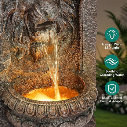 30" Lion Head Outdoor Water Fountain LED Stone Cascading Waterfall | faux granite stone texture, European courtyard, patio yard,Deck Floor Garden Decor