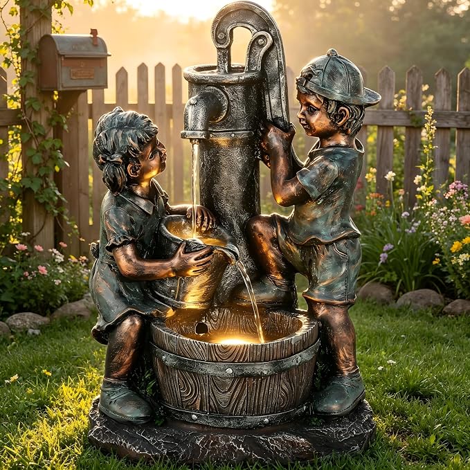 26" Boy and Girl Outdoor Fountain LED 3-Tier Cascading Waterfall | bronze finish, children drawing water scene, patio garden Porch