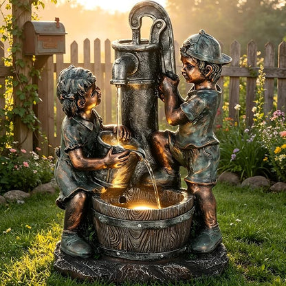 26" Boy and Girl Outdoor Fountain LED 3-Tier Cascading Waterfall | bronze finish, children drawing water scene, patio garden Porch