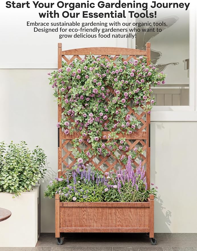 Wooden Raised Planter Box with Trellis and Wheels, 75x33x150Cm Privacy Screen Planter for Patio Garden