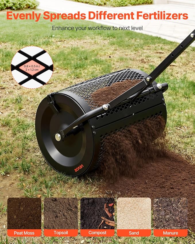 VEVOR Compost Spreader, 16.5" Wide Peat Moss Spreader with T Shaped Handle, 3 Heights Adjustable, Powder-Coated Steel Garden Peat Moss Roller, Heavy Duty Grass Seed Roller for Planting Seeding, Black