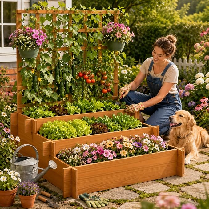 43" 3-Tier Fir Wood Raised Garden Bed with Trellis for Vegetables | Fir wood raised bed with trellis, non-woven liners, and 3 growing tiers for climbing veggies, herbs, flowers, or vines