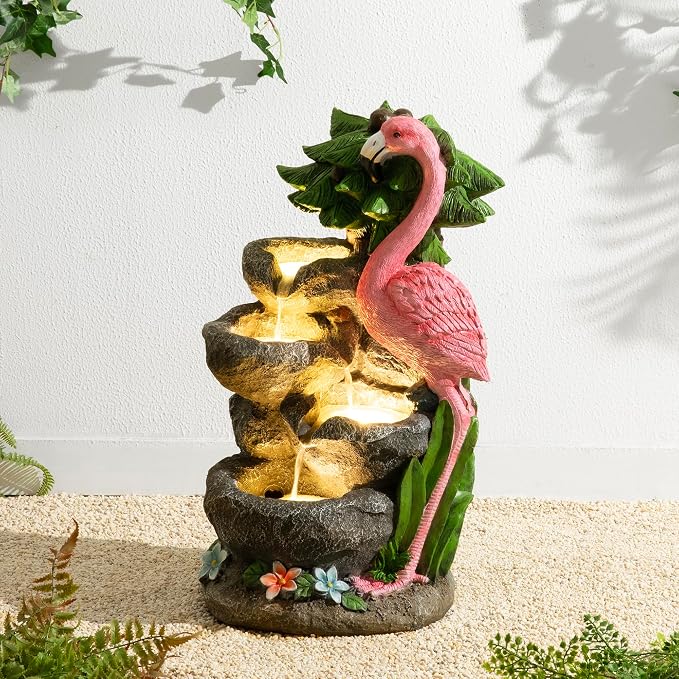 Glitzhome Outdoor Water Fountain, 4-Tiered Flamingo Outdoor Fountain with Lights, 23.5" H Polyresin Decorative Waterfall Feature Garden Fountain with Pump for Garden, Patio, Yard, Deck, Porch Decor