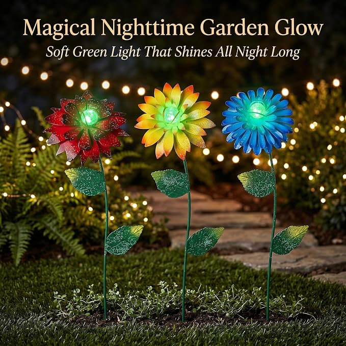 14 Inch Glow in The Dark Flower Garden Stakes, 3 Pack Colorful Metal Yard Decor with Luminous Beads, Outdoor Night Glow Garden Stakes for Lawn, Patio & Flower Beds