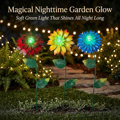 14 Inch Glow in The Dark Flower Garden Stakes, 3 Pack Colorful Metal Yard Decor with Luminous Beads, Outdoor Night Glow Garden Stakes for Lawn, Patio & Flower Beds
