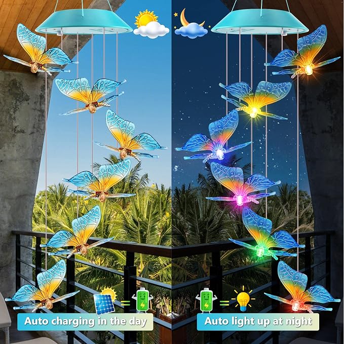 Solar Butterfly Gift for Mom Girls, Color Changing Wind Chimes for Outside, Solar Outdoor Decorative Mobile Lights for Garden, Yard, Patio, Window, Christmas Decorations, Gift for Women
