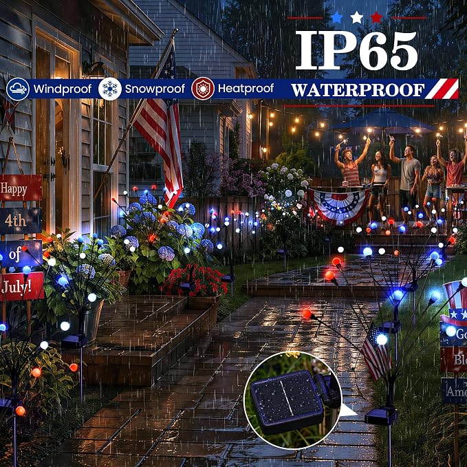 4th of July Outdoor Decorations, Red White Blue Lights Solar Firefly Lights, Patriotic Outdoor Decor for Independence Day, Fourth of July Decor for Garden Yard (4 Pack,Red, White, Blue)