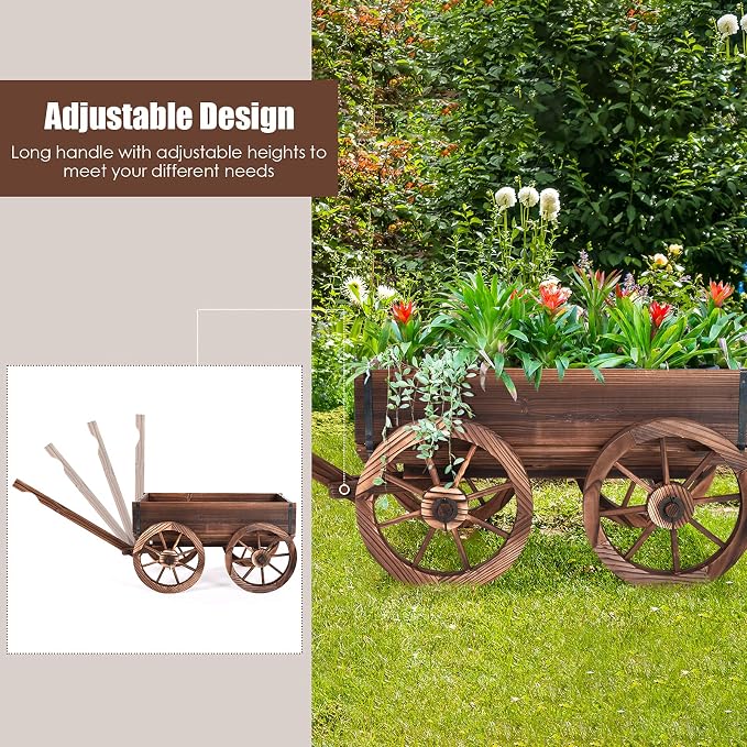 S AFSTAR Wooden Wagon, Wood Flower Planter Pot Stand with 4 Wheels & Drainage Holes, Amish Wagon Planter, Rolling Pot Stand Wood Wagon for Outdoor Plants Garden Decorative Garden Planter, Brown