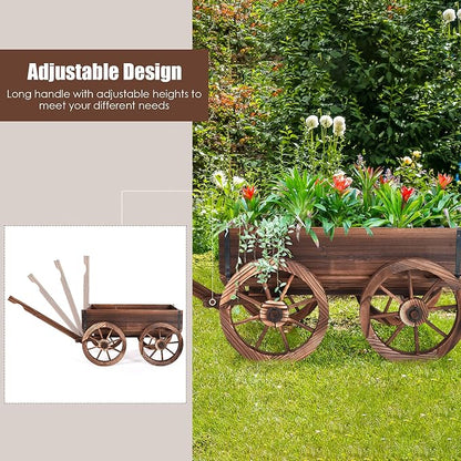 S AFSTAR Wooden Wagon, Wood Flower Planter Pot Stand with 4 Wheels & Drainage Holes, Amish Wagon Planter, Rolling Pot Stand Wood Wagon for Outdoor Plants Garden Decorative Garden Planter, Brown