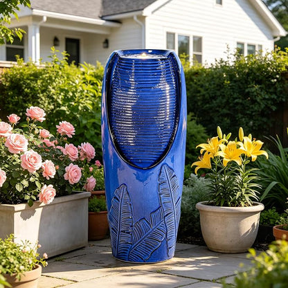 Autodaya 33" H Ceramic Jar Outdoor Water Fountain with Lights, Cobalt Blue | Natural Charm Water Feature with 3D Tropical Leaf Pattern, Soothing Cascading Waterfall for Peaceful Garden Patio Yard Porch