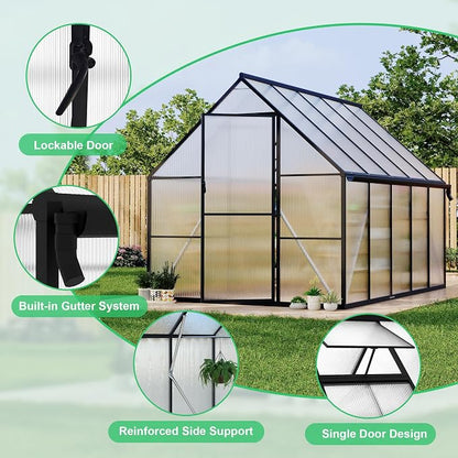 GarveeLife 8'x10' Aluminum-Framed Polycarbonate Greenhouse, Heavy Duty Polycarbonate Greenhouse with Quick Setup Structure and Roof Vent, Large Enhanced Aluminum Green House Kit for Outdoors