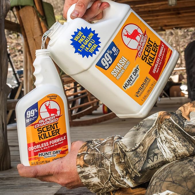 Wildlife Research Center Super Charged Scent Killer Spray & Refill – Odor Eliminator for Hunting – Works After Drying – Scent Control for Clothes & Gear – Hunting Spray (Gallon Combo)