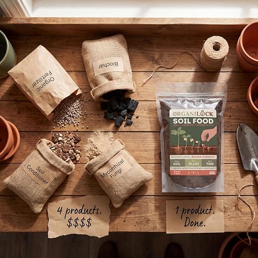OrganiLock Soil Food — Organic All-in-One Soil Amendment + Fertilizer | Mycorrhizae, Biochar & Beneficial Bacteria | OMRI Listed, Patented, Won’t Burn | Vegetables, Flowers, Lawns