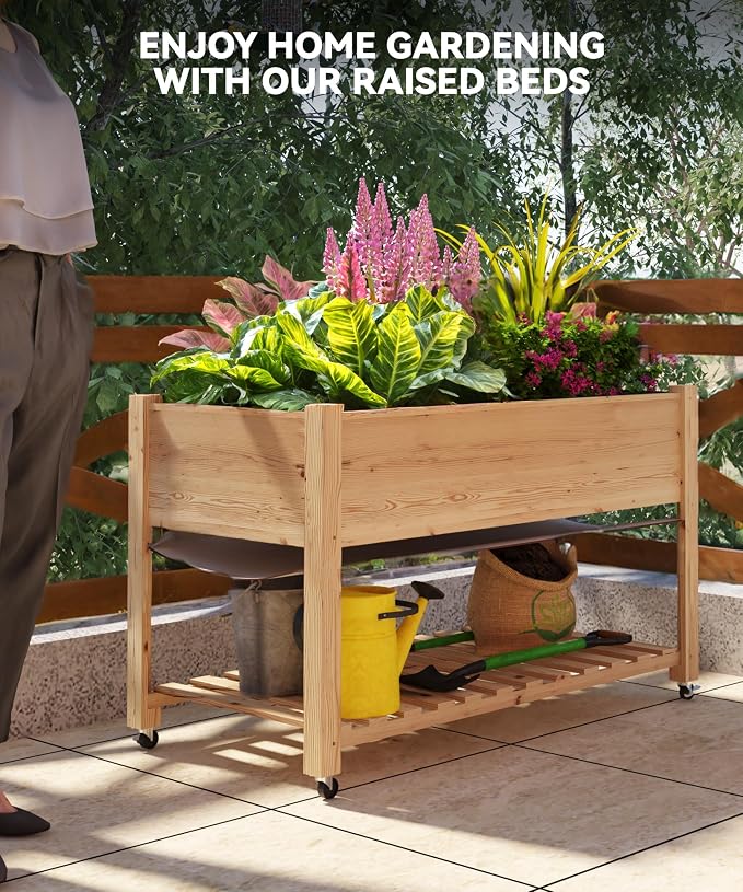 Rolling Elevated Planter Box on Wheels, 48x24x30 Inch Mobile Raised Garden Bed with Locking Casters, Storage Shelf, Wooden Outdoor Planter for Vegetables Flowers Patio Backyard, Natural Wood
