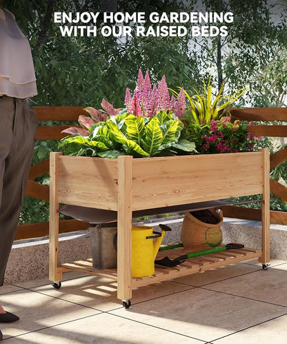 Rolling Elevated Planter Box on Wheels, 48x24x30 Inch Mobile Raised Garden Bed with Locking Casters, Storage Shelf, Wooden Outdoor Planter for Vegetables Flowers Patio Backyard, Natural Wood
