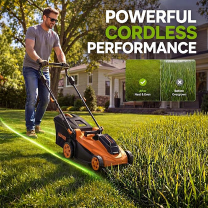 Garvee Cordless Lawn Mower, 17-Inch Battery Powered Electric Push Mower, 2-in-1 Mulching & Bagging, 6 Cutting Heights, 40L Grass Bag, Lightweight Walk-Behind Mower for Small to Medium Yards, Orange
