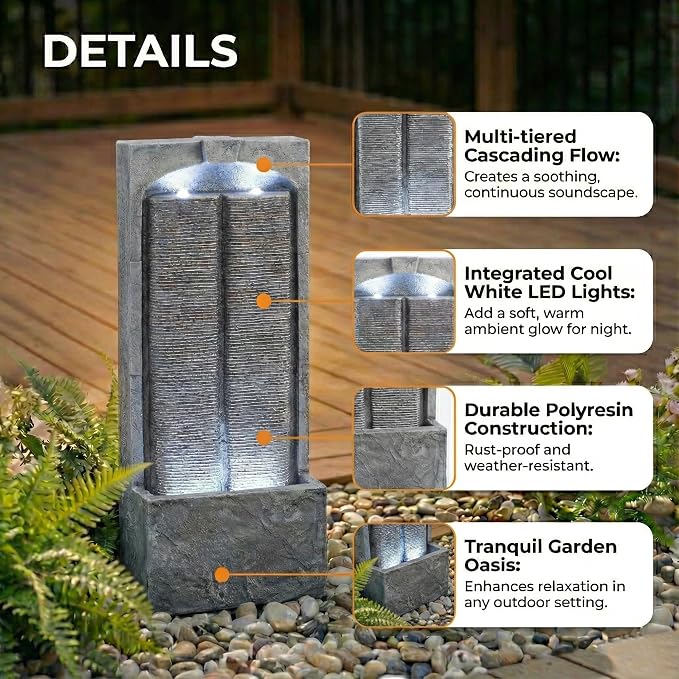 39" Outdoor Water Fountain with Quiet Pump, Outdoor Fountain with LED Lights, Weather-Resistant Outdoor Cascading Freestanding Fountain, Garden Water Feature, Slate-Style Wall, Grey