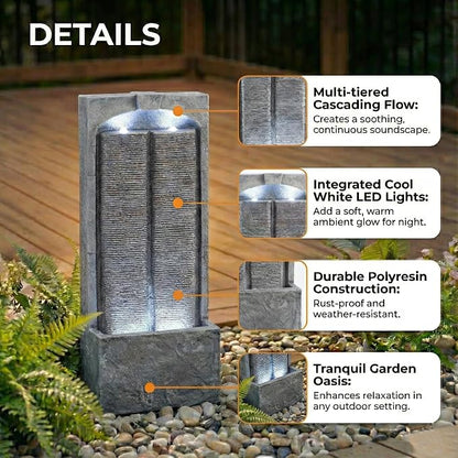 39" Outdoor Water Fountain with Quiet Pump, Outdoor Fountain with LED Lights, Weather-Resistant Outdoor Cascading Freestanding Fountain, Garden Water Feature, Slate-Style Wall, Grey
