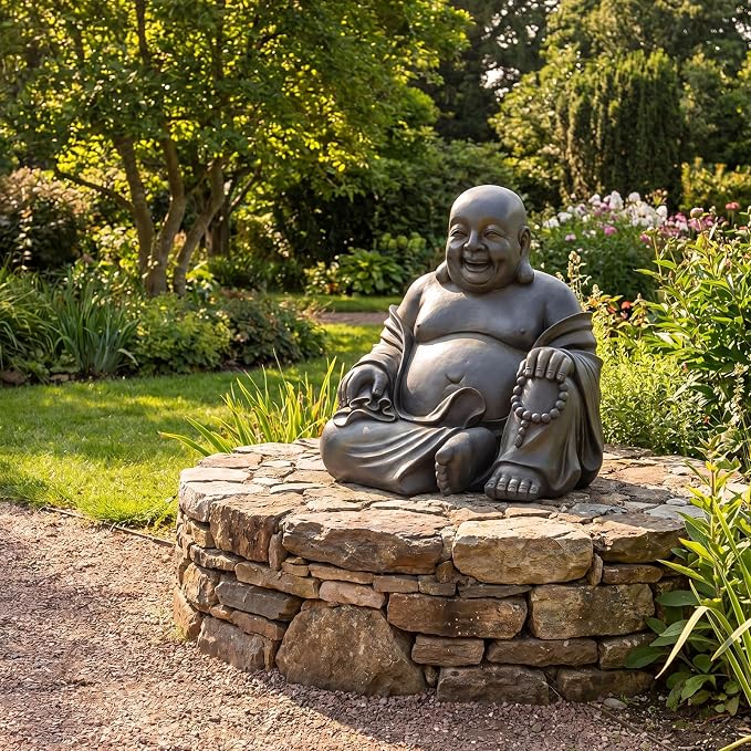 Cinnvoice 16x18 Inch Laughing Buddha Statue Outdoor Large Happy Sitting Buddha Statue Rustic Zen Monk Praying Sculptures Wealth Good Luck Feng Shui Decor for Indoor Garden Home Decoration