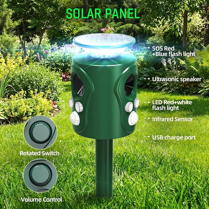 360° Solar Ultrasonic Animal Repeller Outdoor - Deer Cat Squirrel Repellent Devices with Eagle & Wolf Sound, Motion Sensor Bird Raccoon Deterrent, IP66 Waterproof (Deep Green)