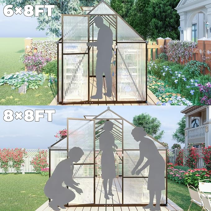 8x8 FT Greenhouse for Outdoors, Polycarbonate Greenhouse with Quick Setup Structure and Roof Vent, Aluminum Large Walk-in Green House for Outside Garden Backyard, Dark Gray