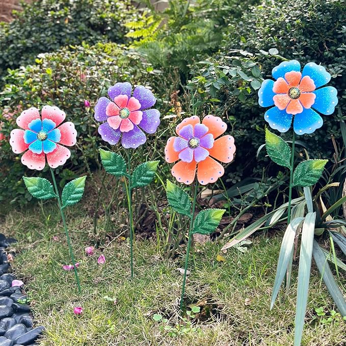 Metal Flowers for Outside, 4 Pcs 16.5 Inch Decorative Garden Stakes, Hand Painted Tin Metal Garden Decor with Glitter, Weather Resistant Outdoor Art for Patio Lawn Yard