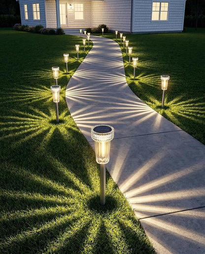 DERAYSION 12 Pack Solar Pathway Lights Outdoor, Solar Powered Garden Lights Auto On/Off, Waterproof Stainless Steel Pole Landscape Lighting for Path, Yard, Walkway, Driveway Decor - Warm White