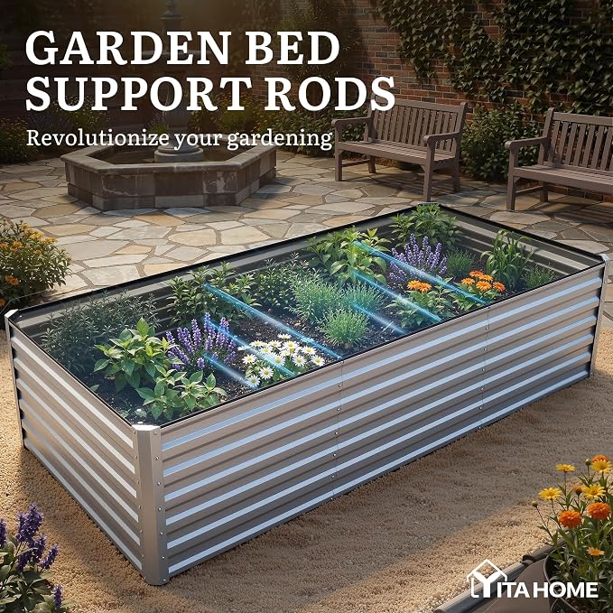 YITAHOME 6pcs 8x4x2 ft Galvanized Raised Garden Bed Kit, Large Metal Planter Box with Gloves, Safety Rubber & Support Rod, Outdoor Flower Bed for Plants Vegetables, Silver
