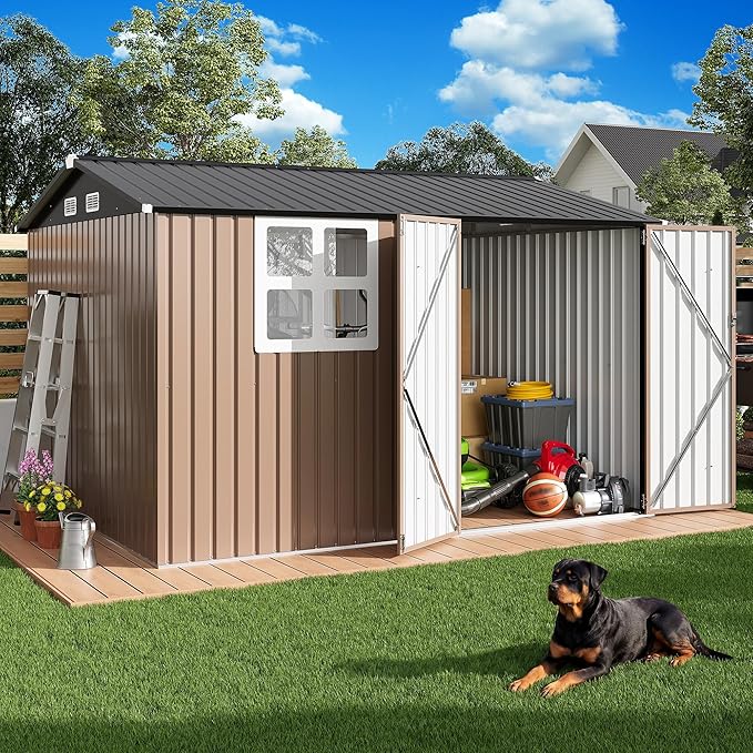IRONCK 10x8.2 FT Outdoor Storage Shed with Clear Window, Tool Shed, Brown | Lockable Doors, Breathable Ventilation, 9.5x8 FT Base, Outdoor Shed For Generators/Bikes/Wheelbarrows