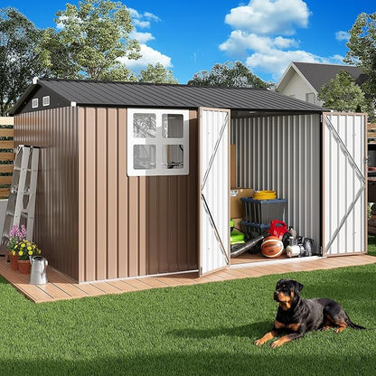 IRONCK 10x8.2 FT Outdoor Storage Shed with Clear Window, Tool Shed, Brown | Lockable Doors, Breathable Ventilation, 9.5x8 FT Base, Outdoor Shed For Generators/Bikes/Wheelbarrows