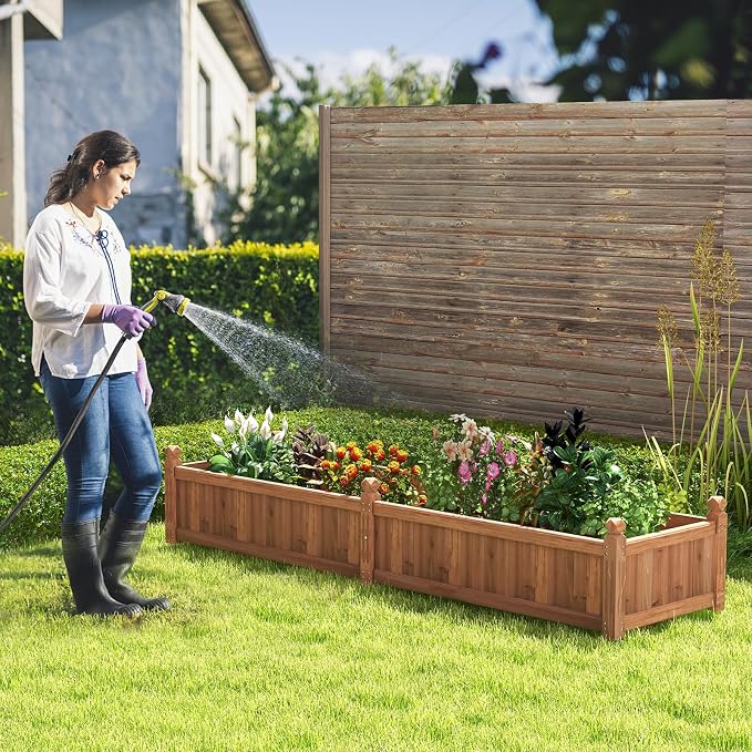 S AFSTAR Wooden Raised Garden Bed, 91"L x 24"W x 16"H Outdoor Rectangular Planter Box with Liner & 4-Corner Drainage Holes, Planter Container for Garden Patio, Raised Bed for Veggies Fruit Flower Herb