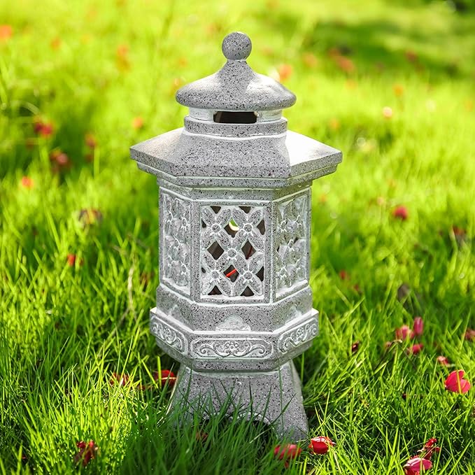 TERESA'S COLLECTIONS Pagoda Garden Statues with Solar Outdoor Light, Resin Zen Garden Lantern Asian Decor Outdoor Statues Lawn Ornaments Patio Porch Yard Decor Gifts for Mom 8.3''