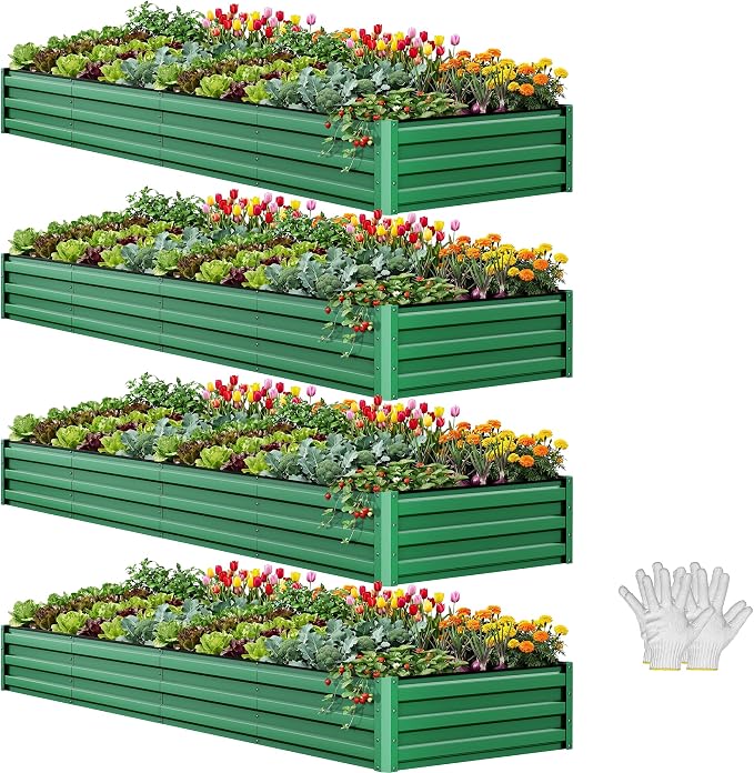 YITAHOME 4pcs 12x4x1 ft Galvanized Raised Garden Bed Kit, Large Metal Planter Box with Gloves, Safety Rubber & Support Rod, Outdoor Flower Bed for Plants Vegetables, Green