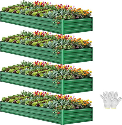 YITAHOME 4pcs 12x4x1 ft Galvanized Raised Garden Bed Kit, Large Metal Planter Box with Gloves, Safety Rubber & Support Rod, Outdoor Flower Bed for Plants Vegetables, Green