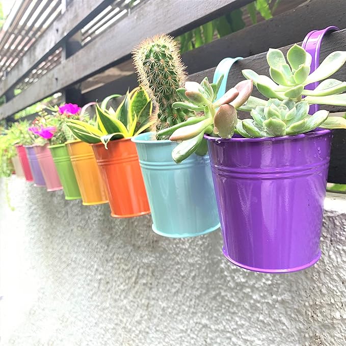 LaLaGreen Colorful Rail Planter (4 in, 10 Pack) Metal Fence Railing Pot | Rail planters for balcony, apartment, patio, porch, deck, over rail, herb, succulent, flower boxes, outdoor plants