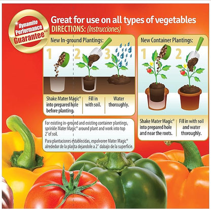 Dynamite Mater Magic - Organic Tomato Fertilizer for Bigger, Juicier Tomatoes and Vegetables, OMRI Listed, Nitrogen and Calcium-Rich Plant Food - .675 Pound Container with Shaker Lid