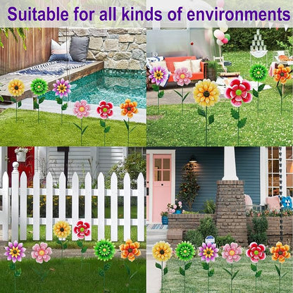 6 Pack Metal Flower Wind Spinners, Colorful Small Garden Stakes Yard Art, Decorative Floral Pinwheels Lawn Ornaments for Outdoor, Patio, Backyard, Flower Bed and Spring Decor (6 Vibrant Colors)