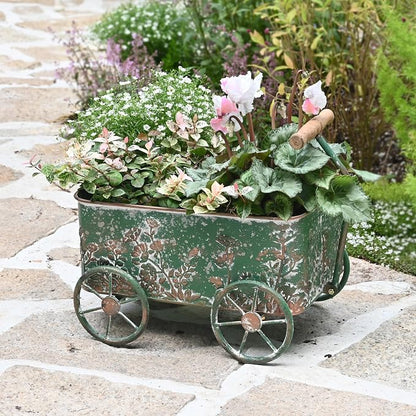 Flower Cart with Wooden Handles, Metal Wagon Planters for Outdoor Plants, Garden Planter with Wagon Wheels, Decorative Wheelbarrow, Plant Cart for Patio Garden Balcony (Green)