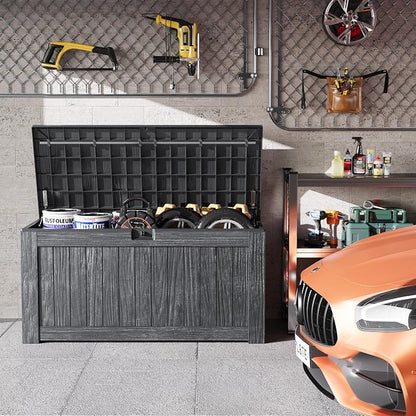 Greesum Outdoor Storage Box 120 Gallon Storage Bin with Lid for Patio Furniture, Garden Tools, Pool Supplies, Lockable, Waterproof and UV Resistant, Gray