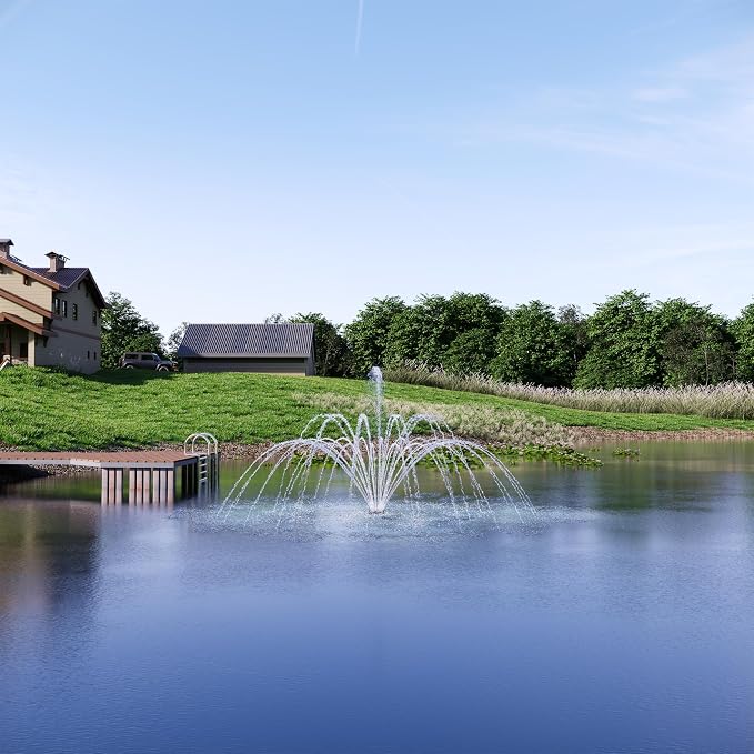 FS01 110V, 1 HP, Large Pond Floating Fountain, Oil Free Pump 13000 GPH with 100’ Cord, Two Spray Patterns Included