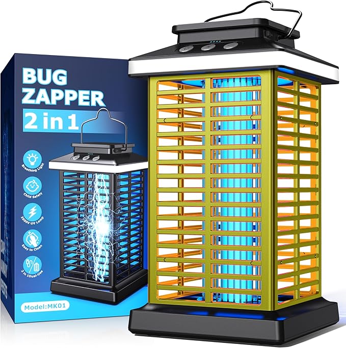 Bug Zapper Outdoor, Mosquito Zapper 2 in 1 Portable & Rechargeable Bug Zapper Outdoor with 5000mAh Battery & LED Night Light, 4000V Electric Fly Zapper for Outside,Patio,Backyard,Garden Yellow
