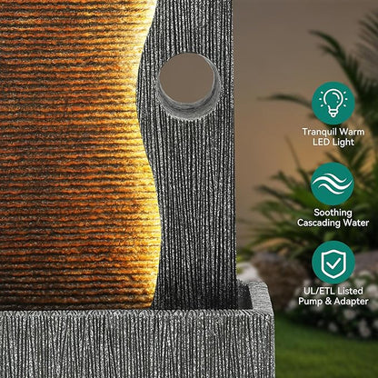 39.4" Zen Faux Slate Outdoor Water Fountain LED Cascading Waterfall | Polyresin Stone faux slate texture, patio backyard garden, Deck or Porch, Housewarming Gift