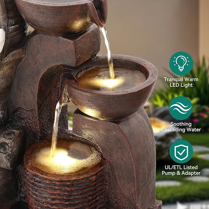 20" Elephant Outdoor Fountain LED 3-Tier Waterfall, Bronze | 3-bowl cascading water, garden patio backyard porch