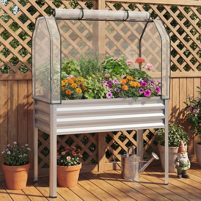 Giantex Raised Garden Bed with Legs & Greenhouse Cover, 44x22x60 Elevated Metal Planter Box with Roll-up Door, Outdoor Mini Greenhouse for Vegetable Flower Herb Patio Balcony (Silver,1)