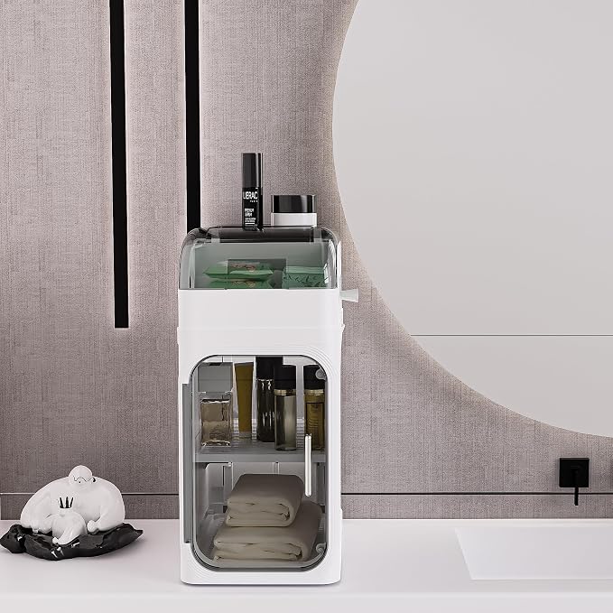 BINSIO 2-Tier Bathroom Counter Storage Cabinet, Slim Vanity Organizer with Clear Doors, Small Bathroom Storage Cabinet with Built-in Tissue Storage for Toiletries, Wipes and Bathroom Essentials