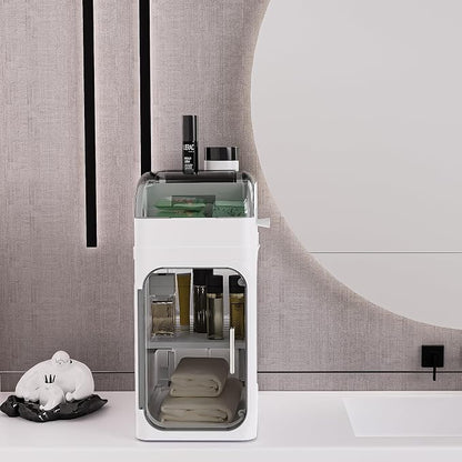 BINSIO 2-Tier Bathroom Counter Storage Cabinet, Slim Vanity Organizer with Clear Doors, Small Bathroom Storage Cabinet with Built-in Tissue Storage for Toiletries, Wipes and Bathroom Essentials