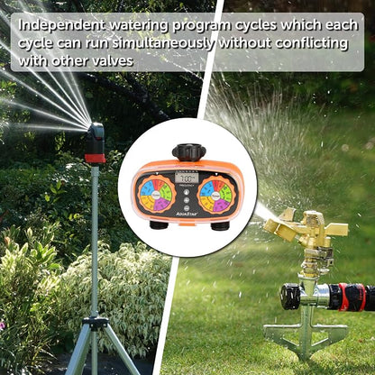 AQUASTAR Two-Zone Hose Watering Timer (Orange), Automatic Irrigation for Lawn, Garden, Yard, Two Outlets