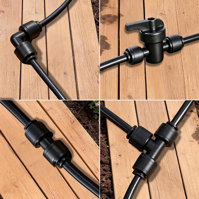 44 Pcs 1/4" Quick Connect Drip Irrigation Fittings Kit for for Gardens | with 4 Shut Off Valve,10 Tees,10 Couplings,10 Elbows & 10 End Plugs,for Garden Irrigation Systems